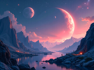 Wall Mural - sci-fi background. mountains moon planet, fantastic background for design, posters, posters, notebooks, puzzles.