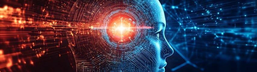 Fototapete - Futuristic digital intelligence brain network with glowing data connections in a cosmic space backdrop representing technology innovation and the power of the mind