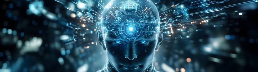 Fototapete - Futuristic digital showcasing a cyborg like brain with a complex neural network glowing lights and abstract geometric patterns  This image represents the advancement of intelligence data processing