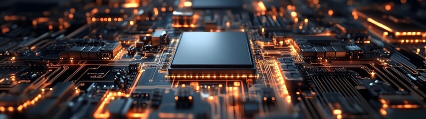 Fototapete - Futuristic glowing circuit board texture with illuminated microchips processors and other electronic components  Abstract high tech background with digital technological