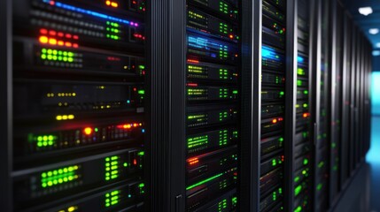Wall Mural - close-up view of illuminated server racks in a modern data center with colorful indicators