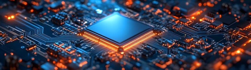 Leinwandbilder - Futuristic illuminated circuit board with glowing microchip and digital technology concept  Intricate electronic engineering computer hardware and energy innovation background