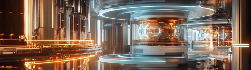 Poster - Futuristic high tech machinery advanced engineering automation and sophisticated digital technology in a metallic abstract interior with geometric patterns and illuminating lights