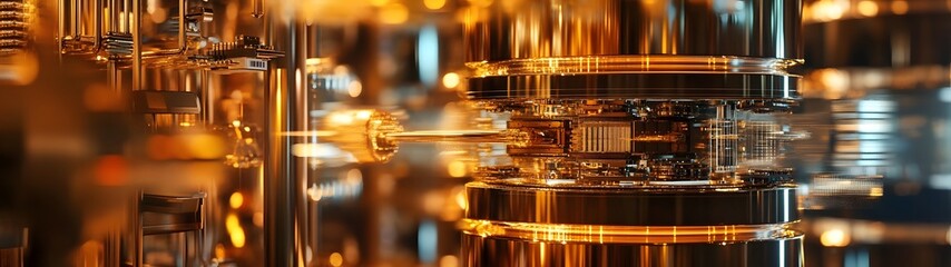 Fototapete - Futuristic metallic technology circuit board backdrop with glowing illuminated copper golden and chrome elements  Blurred depth of field effect creates a dynamic
