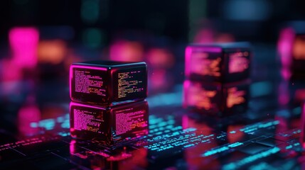 Wall Mural - Futuristic digital cubes with neon glow on a circuit board, symbolizing advanced technology
