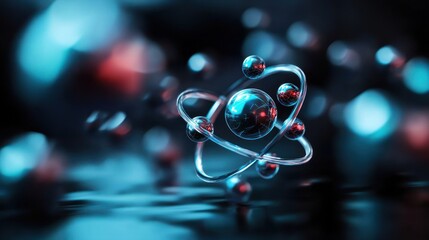 Wall Mural - close-up of a vibrant, glowing atom model surrounded by colorful particles in a dynamic background