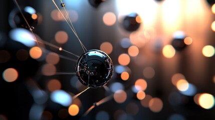 Wall Mural - Abstract representation of interconnected spheres with glowing orbs in a dark environment