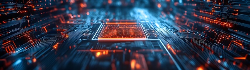 Fototapete - Futuristic technology circuit board with digital data intelligence cyber symbols and high tech electronic components  Abstract background with lines patterns