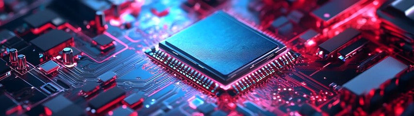 Leinwandbilder - Glowing Blue and Red Futuristic Electronic Circuit Board Close Up with Complex Microchips Connections and Luminous Details Showcasing Advanced Technology and Innovation