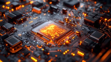 Poster - Glowing Circuitry   Futuristic Microchip and Electronic Hardware Abstract  Closeup of a complex semiconductor microchip or printed circuit board with vibrant orange and yellow lighting