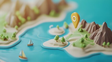 Aufkleber - Miniature toy island model with boats sailing on the ocean mountains in the background and a lush forest landscape representing the concept of discovering new destinations