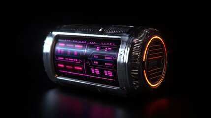 Wall Mural - Futuristic cylindrical device with glowing interface against a dark background, showcasing technology