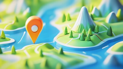 Aufkleber - Minimalist 3D depicting an idyllic mountainous landscape with a navigation pin pointer representing the concept of adventure in a natural serene environment