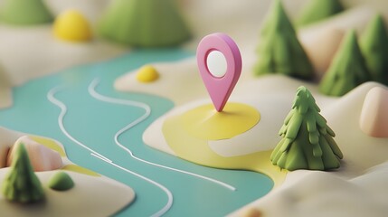 Aufkleber - Minimalist 3D Digital Map with Forest Mountain and River Landscape Elements and GPS Navigation Pin Pointer Icon  Abstract Geometric Concept for Travel Adventure and