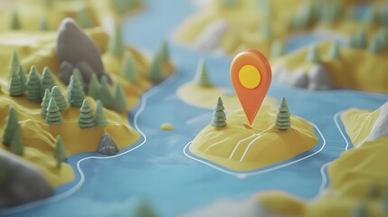 Aufkleber - Minimalist depicting a serene picturesque landscape with a navigation pin marker placed on a scenic mountainous terrain  The image showcases the concept of outdoor adventure in a simple