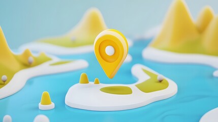 Poster - Minimalist map pointer icon in a bright abstract landscape of colorful geometric shapes representing a geographic location journey or navigation concept  Digital app or user interface design element