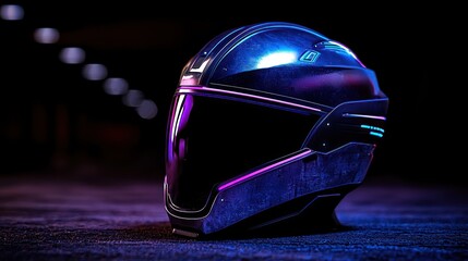 Wall Mural - futuristic motorcycle helmet illuminated in neon colors against a dark urban background