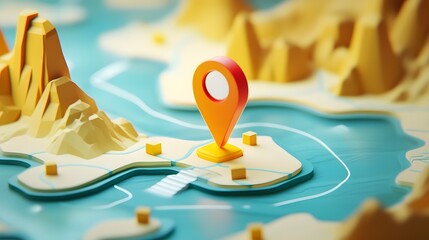 Aufkleber - Mountainous landscape with a navigation marker pinpointing a hiking trail or trekking route on a 3D digital map  Scenic rugged terrain featuring mountains valleys cliffs and other natural features