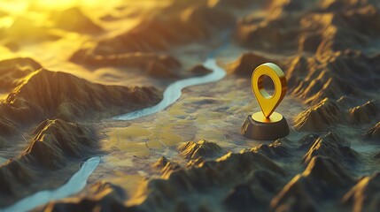 Aufkleber - Navigating the Rugged Terrain A Mapping Pin Pointing the Way to Scenic Wilderness Adventure  This image depicts a yellow map pin or pointer placed on a detailed topographic landscape