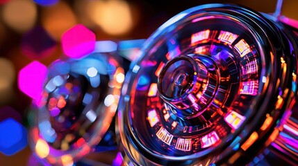 Poster - close-up of colorful illuminated retro car dashboard with glowing dials and vibrant bokeh background