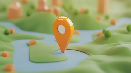 Aufkleber - Orange Map Pin Pointer Symbol on Abstract Green Terrain Landscape with Gradient Foliage Textures and Patterns