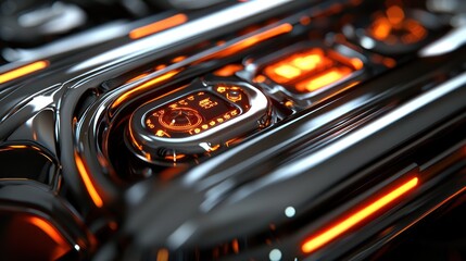 Wall Mural - close-up view of a futuristic metallic control panel with glowing orange accents and intricate detai