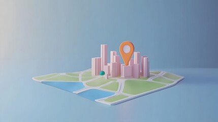 Aufkleber - Overhead view of a 3D rendered city map with navigation pin markers highlighting key landmarks and destinations in a minimalist abstract style suitable for infographic travel or technology concepts