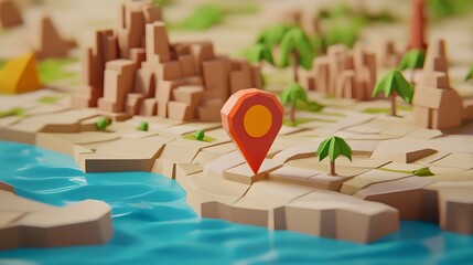 Poster - Overhead view of a detailed 3D model of a city landscape with miniature buildings streets and a red navigation pin pointer marking a specific location or landmark
