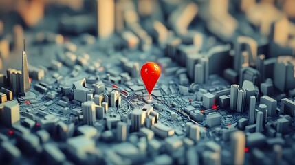 Poster - Overhead View of a Detailed Miniature City Map with a Red GPS Navigation Pin Pointing to a Specific Location on the Intricate Urban Layout
