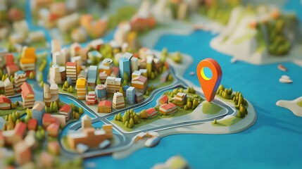 Aufkleber - Overhead View of a Miniature 3D Model Town with Detailed Scaled Architecture Roads and Transportation  A GPS Location Marker Pin is Placed on the Vibrant and Colorful Cityscape Background