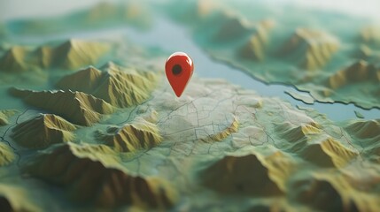 Aufkleber - Overhead view of rugged mountainous terrain with a GPS marker icon pointing to a remote wild location representing discovery