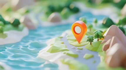 Aufkleber - Picturesque and serene tropical nature landscape with a map marker icon suggesting an outdoor travel destination  Concept of adventure tourism eco tourism and outdoor
