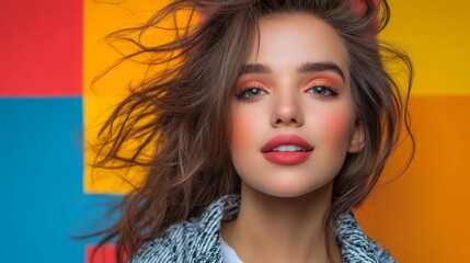 Wall Mural - woman with long brown hair and a bright orange background. she is wearing a black jacket and a white