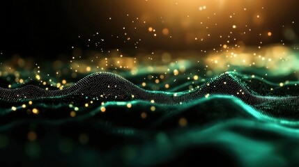 Wall Mural - Abstract representation of shimmering waves with golden particles in a dark background