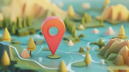 Aufkleber - Pinpoint location on a detailed 3D rendered nature landscape map with navigation markers and pins for outdoor planning and journey discovery  Concept of guidance strategy