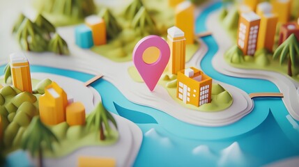 Poster - Playful and Colorful Illustrated Map of a Vibrant Island Showing Various Landmarks Houses and Navigational Icons for Tourism and Travel Concepts