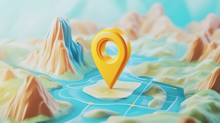 Aufkleber - Positioning Marker on Digital Geographic Landscape with Mountains  Concept of and destination planning using map and GPS technology