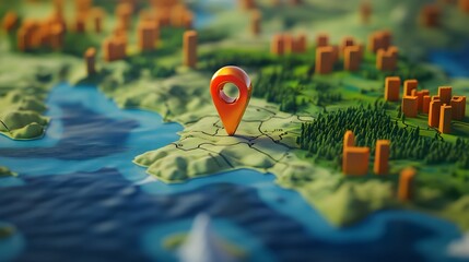 Aufkleber - Red location pin marker on a detailed digital 3D rendering of a topographical map showcasing a scenic countryside landscape with rivers mountains and various urban and rural areas