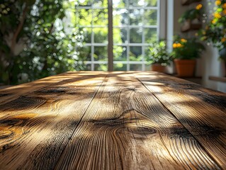 Wall Mural - Rustic Wooden Table with Glowing Sunlight and Soft Shadows for Natural Product Display