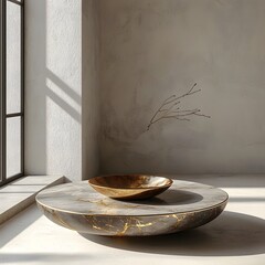 Wall Mural - minimalist marble table with glowing gold veins in pristine white space for luxury product display