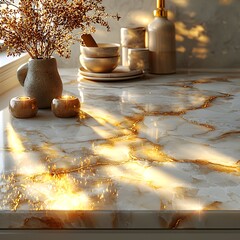 Wall Mural - Elegant Marble Table with Glowing Gold Veins in Pristine White Space for Luxury Product Display