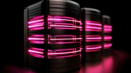 Wall Mural - futuristic server units with glowing pink lights, showcasing advanced technology in a dark setting