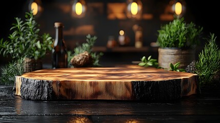 Wall Mural - smooth wooden table under overhead glow for minimalist product display concept