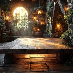 Wall Mural - Rustic Wooden Table in Glowing Cabin Setting for Artisan Product Presentations