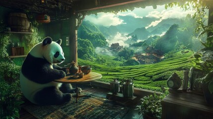 Canvas Print - Panda Enjoys Tea With Mountain View