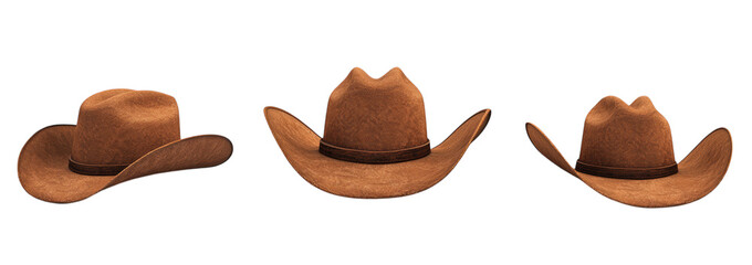 Three brown cowboy hats displayed in diverse angles on transparent background