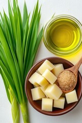 Canvas Print - Overhead shot of palm sugar cubes, palm leaves, and oil in bowls on a white background. Image depicts natural ingredients and healthy eating