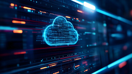Futuristic digital cloud computing concept with data flow and binary code. Ideal for technology and data storage themes.