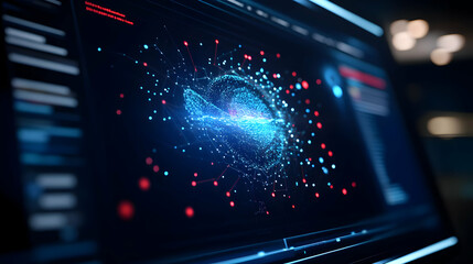 Futuristic holographic interface displayed on a computer screen, showcasing vibrant data visualization and advanced analytics.