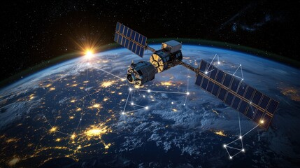 Wall Mural - satellite orbiting earth at sunrise, showcasing global connectivity and technology advancements